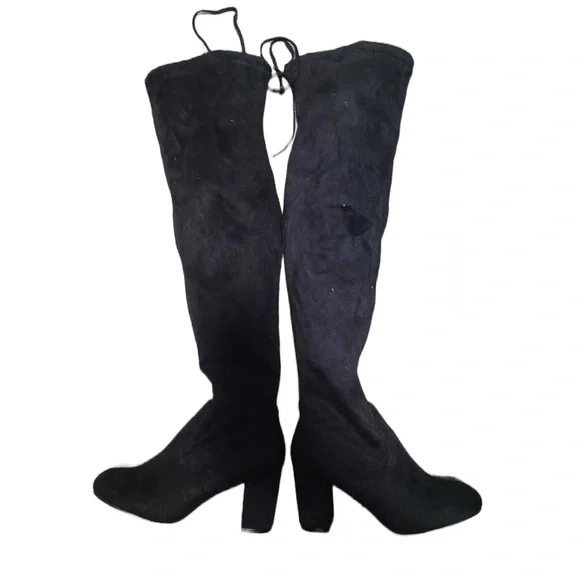 Heel Boots Over the Knee Vegan Suede Black Block Vepose NY Boho Retro Biker Goth - Picture 6 of 7